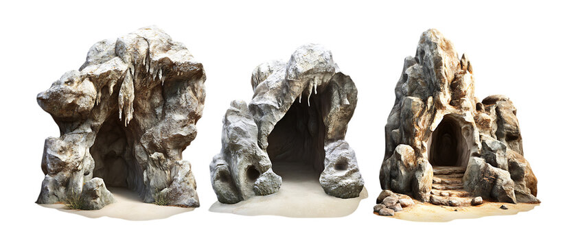 Three intricate stone cave entrances and rock formations with openings shown against a plain transparent background for design.