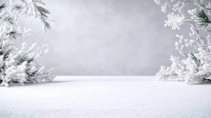 Fototapeta premium Empty snow covered surface framed by frosty pine branches against a soft grey background for product presentation.
