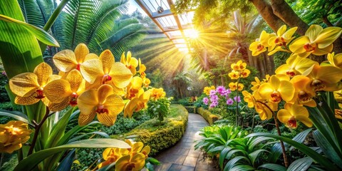 Aerial Drone Shot: Vibrant Yellow Orchid Bloom in Lush Orchid Garden - Stunning Nature Photography