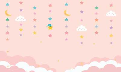 Flat design illustration of baby-themed clouds in a soft, pastel sky background, evoking calmness, innocence, and a dreamy atmosphere