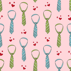 Seamless pattern with hand drawn doodle necktie, neckcloth, star and heart shapes. Stripe pattern tie colorful seamless pattern