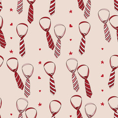 Seamless pattern with hand drawn doodle necktie, neckcloth, star and heart shapes. Stripe pattern tie seamless pattern.