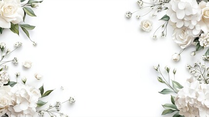 Fototapeta premium Elegant Floral Frame with White Roses and Hydrangeas white flowers floral frame rose hydrangea card