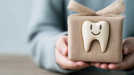 Wandcirkels Tandarts Hands hold a gift box decorated with a smiling tooth symbolizing dental health and care in a cozy atmosphere. National I Love My Dentist Day  © AnasTruba