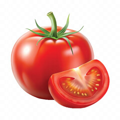 realistic 3d red tomato and slice isolated on  transparent background