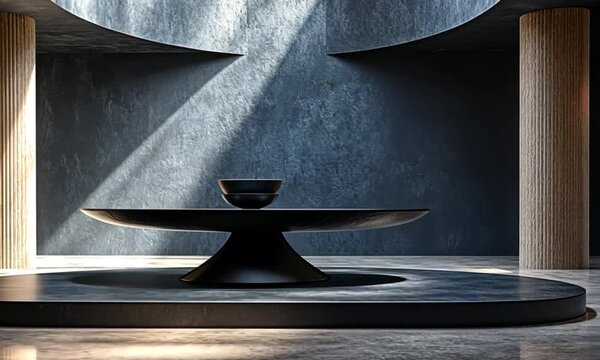 Modern minimalist interior featuring a central black bowl on a sleek circular platform under soft lighting