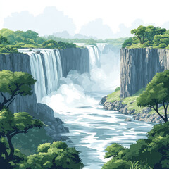 Naklejka premium serene illustration of Victoria Falls with lush greenery and cascading water