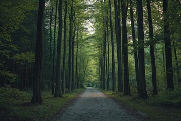 Fototapeta premium Forest path through tall beech trees in Dutch nature park, surrounded by greenery, creating an enchanting and serene atmosphere