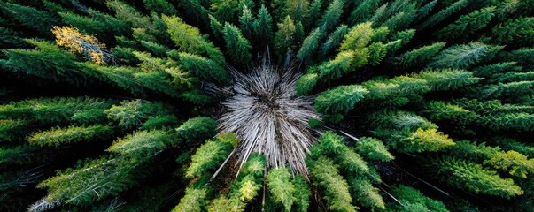 Obraz premium Tree stump symbolizing habitat loss due to illegal logging concept. Aerial view of lush green forest with vibrant trees and textures.