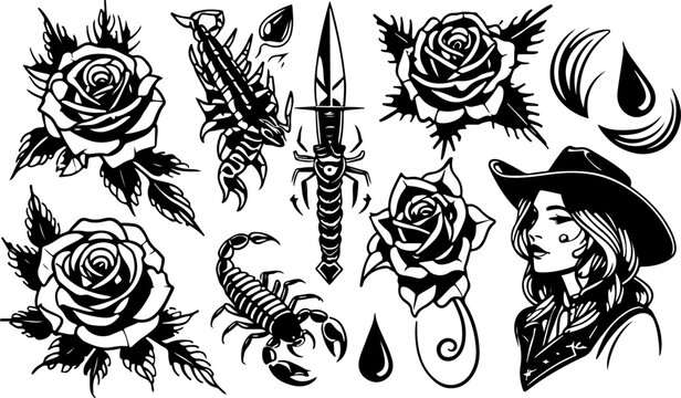 Gothic Tattoo Flash Set with Roses, Daggers, Scorpions and Femme Portraits