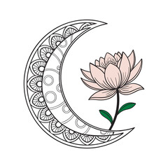 Lotus nestled in crescent moon mandala