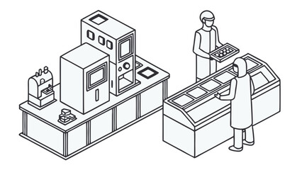 Fototapeta premium Isometric illustration of a food processing area with workers and machinery in a clean environment