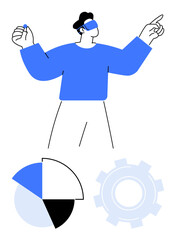 Person wearing VR headset gesturing interactively, pie chart symbolizing data evaluation, gear for processes. Ideal for innovation, collaboration, automation, virtual training, analytics