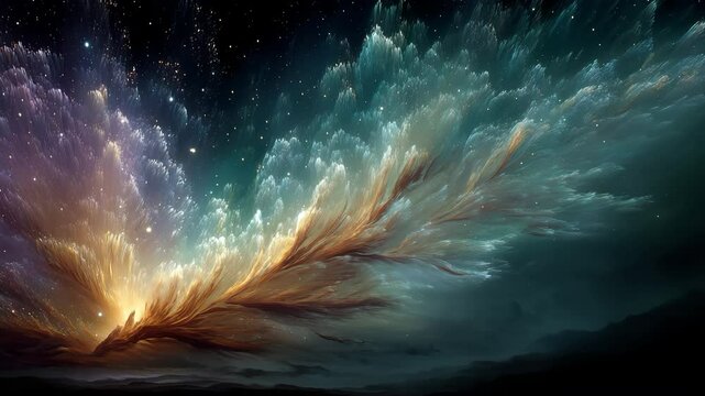 Cinematic background of galactic clouds with radiant nebula flares and interstellar colors in space