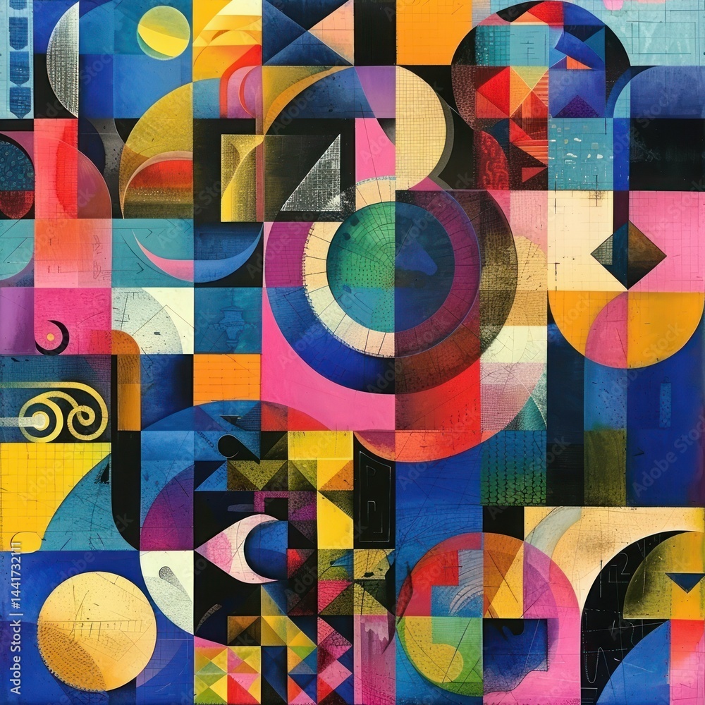 Aufkleber colorful abstract geometric composition with circles, triangles, squares, and curved shapes creating