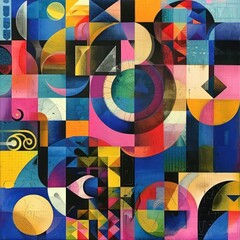 colorful abstract geometric composition with circles, triangles, squares, and curved shapes creating a dynamic and vibrant visual pattern