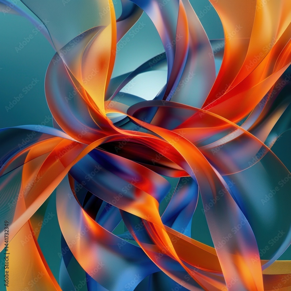 Poster dynamic swirling ribbons in vibrant orange and cool blue tones twisting and flowing against a soft g