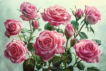 Close-up of vibrant pink roses in different blooming stages with lush green leaves against a soft light background, evoking a sense of freshness and natural beauty