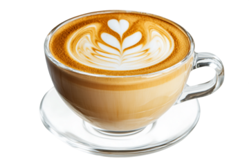 Latte Art in Clear Glass Cup on Saucer, PNG