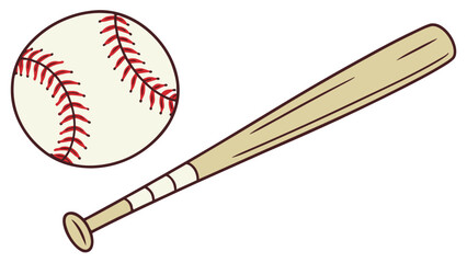 Illustration of a baseball with red stitching next to a baseball bat with a wrapped handle design