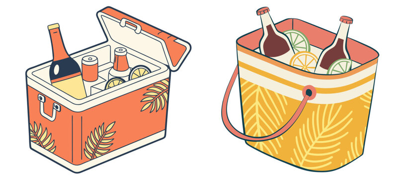 Illustration of two coolers filled with bottles and citrus slices, one cooler open and one closed