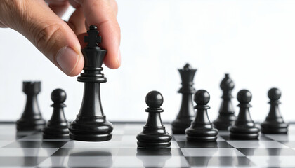 Hand adjusting a king piece during a tense chess match, symbol of leadership and corporate