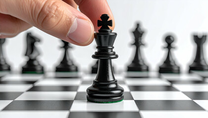 Macro shot of fingers gently gripping a black chess piece, white background, symbol of tactical decision making and focus