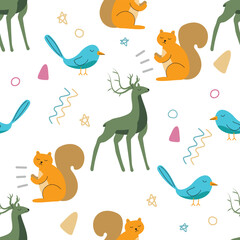 Seamless vector pattern featuring a diverse collection of animals including wild, farm, exotic species. Modern style perfect for children’s products, wallpapers, textiles, packaging, educational