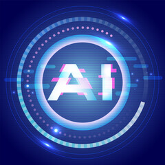 AI Technology futuristic concept with glowing digital elements, glitch effect, and neon circles on a dark background. Ideal for innovation and tech themes.