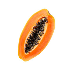 Freshly sliced papaya halves with visible seeds and vibrant orange flesh on a transparent background, slice papaya on transparent background