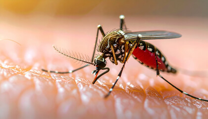 Close-up of a mosquito biting and sucking blood from a person's arm.