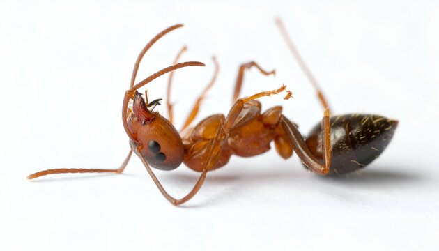 Close-up of a dead ant curled on a white background, minimalist compositio For pesticide advertisements 