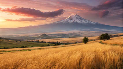 Fototapeta premium Golden Autumn Fields Leading to Majestic Snow-Capped Mountain at Sunset, Capturing the Contrast of Warm Tones and Cool Peaks, Serenity, and Nature’s Timeless Beauty in a Picturesque Landscape