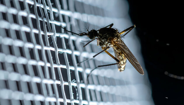 Macro photo of a mosquito on a mosquito screen at night. which can cause infections such as dengue fever, elephantiasis, malaria, and encephalitis.