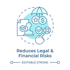 Reduces legal and financial risks soft blue concept icon. Ensuring permissions. Benefit of consent management. Round shape line illustration. Abstract idea. Graphic design. Easy to use in article
