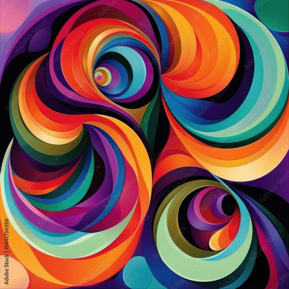 Poster vibrant swirling abstract shapes with layered curved ribbons in warm and cool colors creating dynamic movement and depth