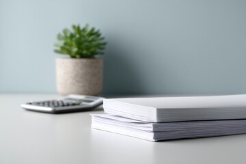 minimalistic image of tidy workspace with organized financial documents and calculator on sleek desk