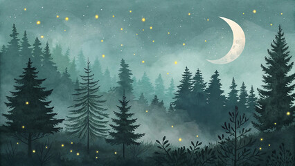 Naklejka premium Mystical Moonlit Forest with Glowing Fireflies, Rolling Fog Enhancing the Enchanting Twilight Atmosphere, Pine Trees Silhouetted Against the Starry Sky, Capturing Serenity and Dreamlike Nocturnal Beau