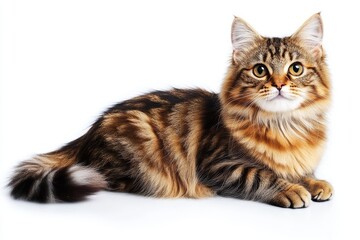 Siberian cat in full-body pose sitting on white background, fluffy domestic feline with thick fur and calm expression, isolated for pet-themed designs
