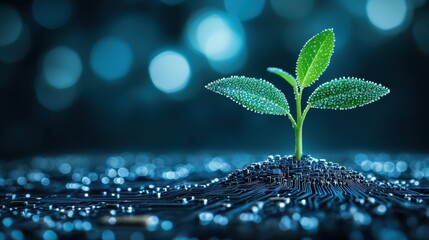A vibrant sprout emerging from a circuit board.