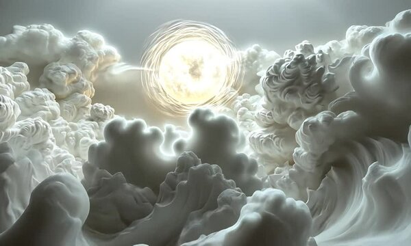 Surreal clouds with a glowing sun illuminating the sky, creating a dreamlike atmosphere