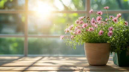 blurred window and a light-colored wooden table with green plants and flowers in pots on the side of the frame