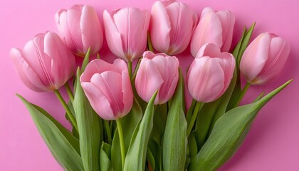 Fototapeta premium A bouquet of pink tulips is arranged in a row