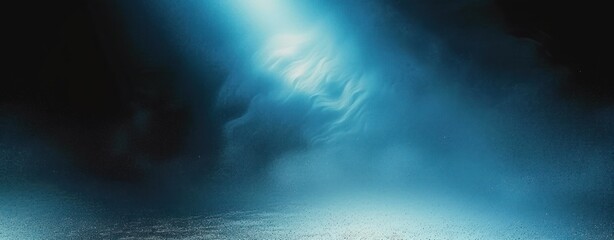 Fototapeta premium mysterious glowing light shining through dark blue underwater scene with soft flowing shapes and textured ocean floor, evoking calm and wonder