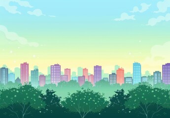 Fototapeta premium Colorful city skyline with tall buildings behind lush green trees under a bright clear sky with scattered clouds and sparkling stars, evoking calm and peaceful urban nature harmony