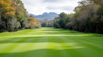 Obraz premium Lush green golf course fairway bordered by dense forest trees leading towards distant mountains under a cloudy sky.