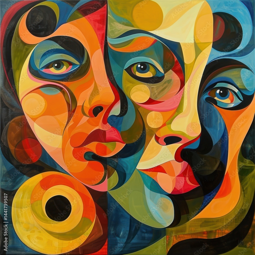 Poster colorful abstract painting of two faces using geometric shapes and bold colors with expressive eyes 