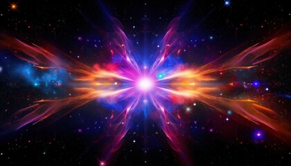 Fototapeta premium Bright radiant cosmic explosion in deep space with vibrant fiery orange and purple swirling nebulae, glowing energy beams and scattered stars creating a sense of awe and mystery
