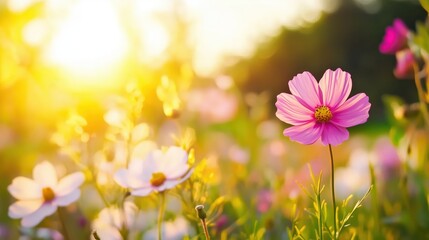 Beautiful wildflowers blooming under a golden sunset in a lush garden, creating a serene and vibrant atmosphere
