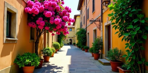 Fototapeta premium Idyllic alleyway with blooming bougainvillea in historic Tuscan town, Europe, travel, hillside